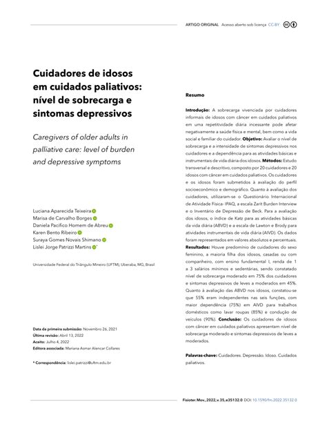 PDF Cuidadores de idosos em cuidados paliativos nível de sobrecarga