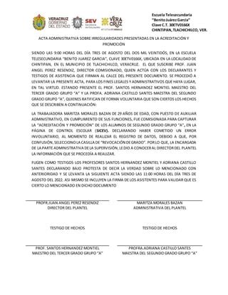 ACTA ADMINISTRATIVA SOBRE IRREGULARIDADES PRESENTADAS EN LA