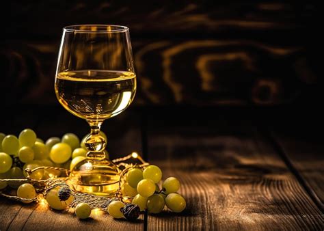 Copo De Vinho Branco Cacho De Uvas Na Mesa De Madeira Na Frente De