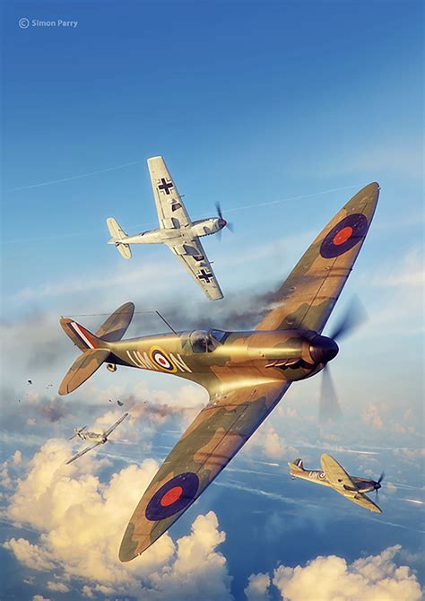 Asisbiz Spitfire MkI RAF 125Sqn UMN dog fight Battle of Britain painting by Simon Parry 0A