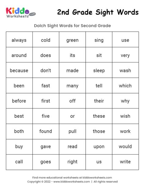 Free Printable Sight Words 2nd Grade Worksheet Kiddoworksheets