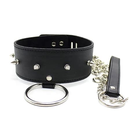 Pu Leather Rivet Neck Collars With Chain Leash Fetish Slave Harness