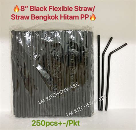 8” Black Flexible Strawdisposable Plastic Strawstraw Bengkok Hitam Pp