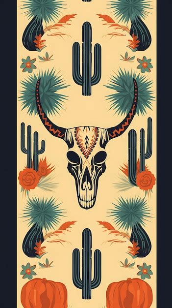 Premium Ai Image Buffalo Skull And Cactus Hand Drawn Illustration Seamless Pattern Wild West