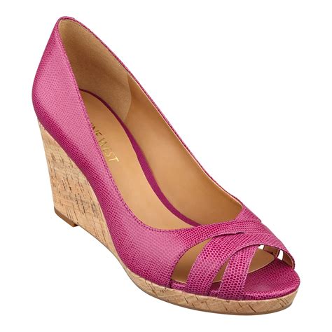 Nine West Jelica Peep Toe Wedge In Pink Leather Pink Lyst