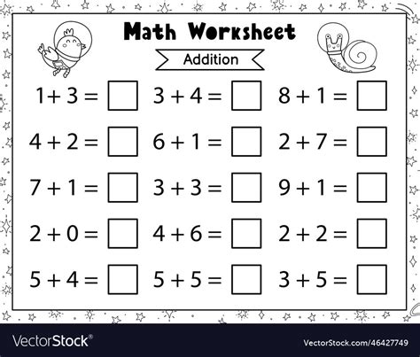 Math worksheet for kids addition and subtraction Vector Image