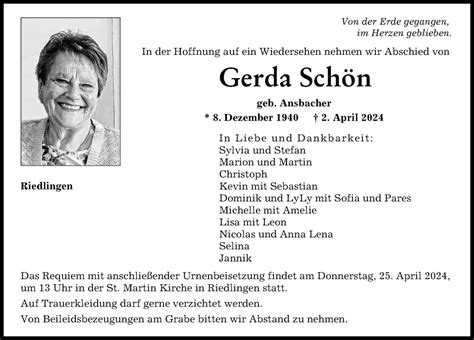 Traueranzeigen von Gerda Schön Augsburger Allgemeine Zeitung