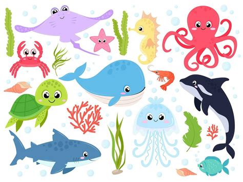 Sea animals vector illustration set. Marine animals with elements of ...