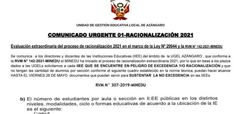 COMUNICADO URGENTE 01 RACIONALIZACIÓN 2021 EVALUACIÓN EXTRAORDINARIA