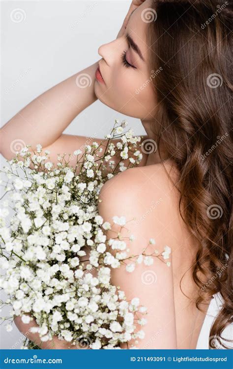 Shirtless Brunette Woman Holding White Flowers Stock Image Image Of Flora Plants 211493091
