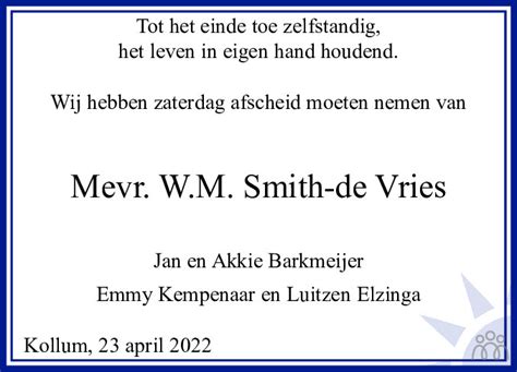 W M Smith De Vries Overlijdensbericht En Condoleances