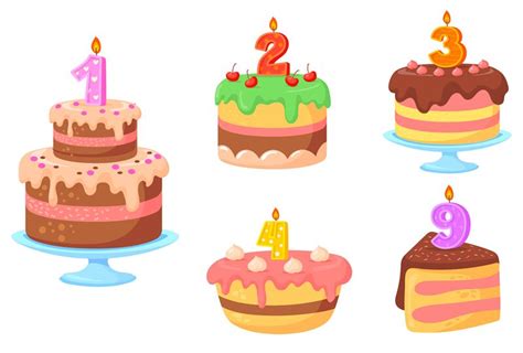 Cake candle numbers. Birthday cakes with celebration candles, colorful ...