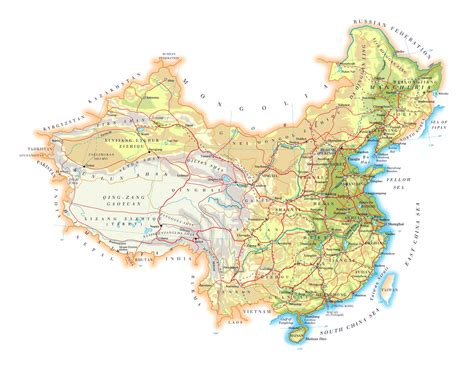 Large Elevation Map Of China With Roads Cities And Airports China