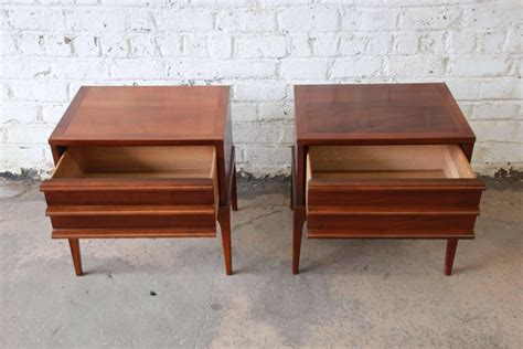 Pair Of Lane Rhythm Mid Century Modern Sculpted Walnut Nightstands At