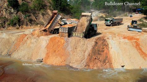 Part Starting New Project Building Dam By Wheel Truck Dumping Dirt