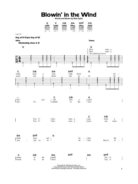 Blowin In The Wind By Bob Dylan Sheet Music For Really Easy Guitar At