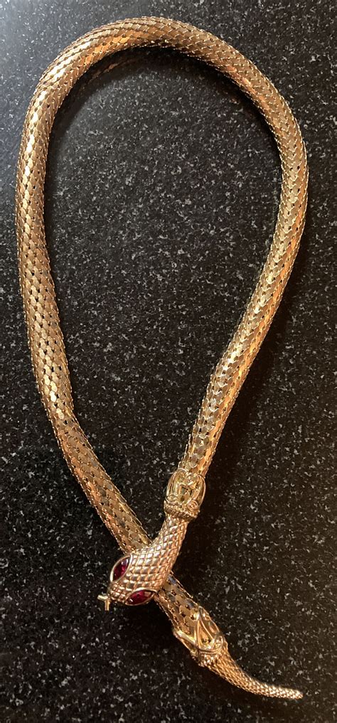 Vtg S Whiting Davis Gold Mesh Snake Necklace Belt Gem