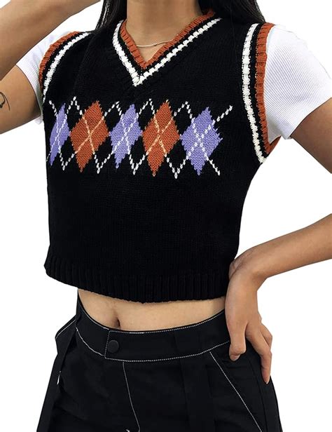 Missactiver Women Argyle Plaid Knitted Crop Sweater Vest Preppy Style V