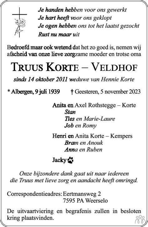 Truus Korte Veldhof 05 11 2023 Overlijdensbericht En Condoleances