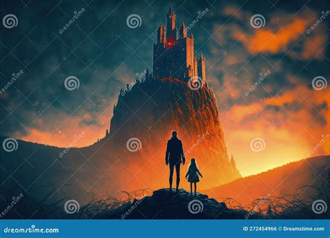 In The Darkness A Father And His Child Behold Mysterious Castles