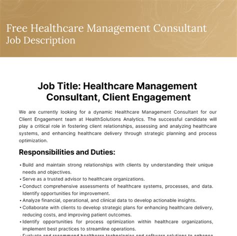 Free Healthcare Management Consultant Job Description Template Edit