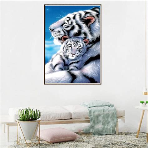 Fr Tiger Mother Son DIY Full Drill Round Diamond Painting Embroidery