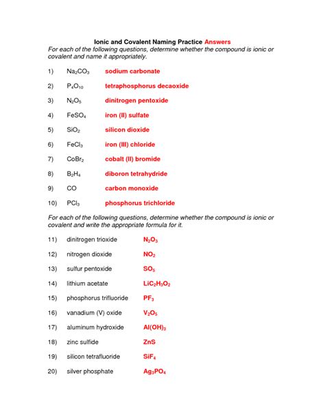 Naming Ionic Compounds And Formula Writing Worksheet Answers