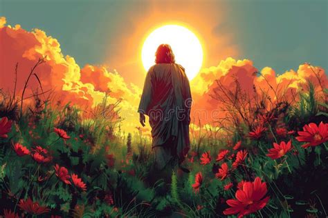 Silhouette Of Jesus Against The Radiant Sun In A Field Of Red