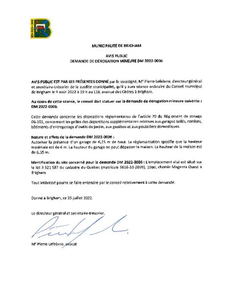 Avis Public Demande De D Rogation Mineure Dm Municipalit