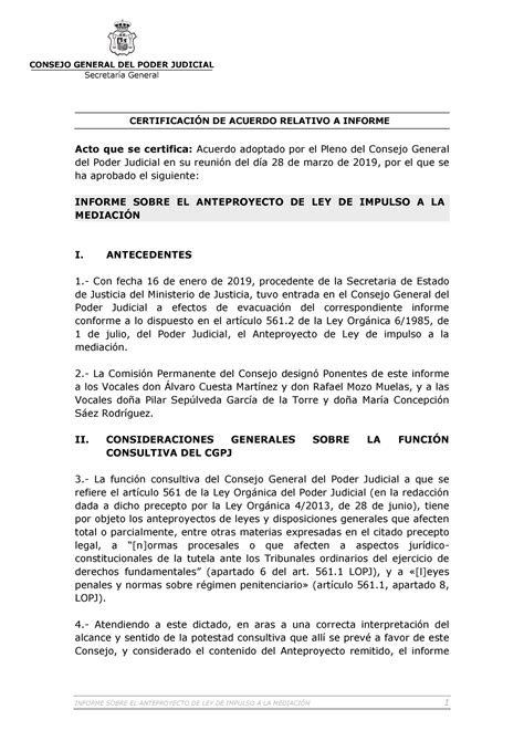 Anteproyecto De Ley De Impulso De La Mediación Secretaría General CertificaciÓn De Acuerdo