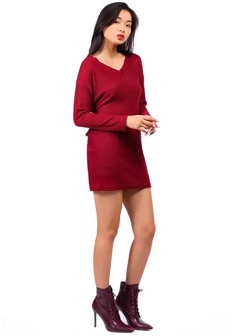 Buy London Rag Burgundy Bodycon Tie Behind Knit Dress Online Zalora