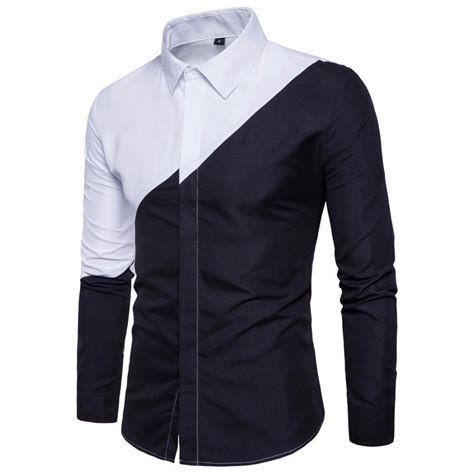 Mens Cotton Black White Stitching Color Shirts Slim Fit Mens Shirts