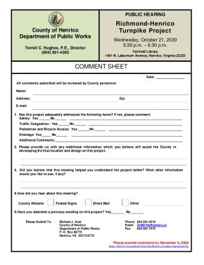 Fillable Online COMMENT SHEET Richmond Henrico Turnpike Project Fax