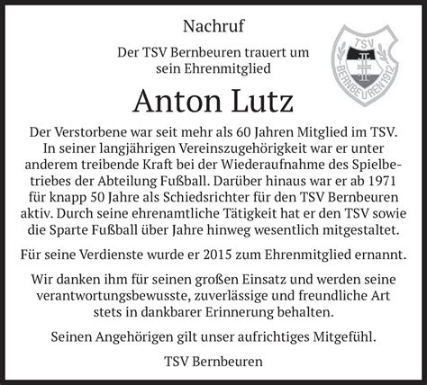 Traueranzeigen Von Anton Lutz Trauer Merkur De