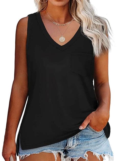 Langwyqu V Neck Sleeveless Solid Color Plus Size Loose Women S Tank Top