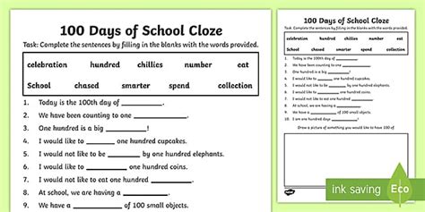 100 Days Of School Cloze Worksheet Hecho Por Educadores