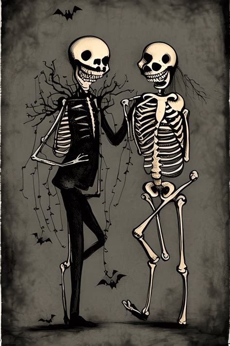 Two Skeletons Dressed Up In Suits Happily Dancing Together Under