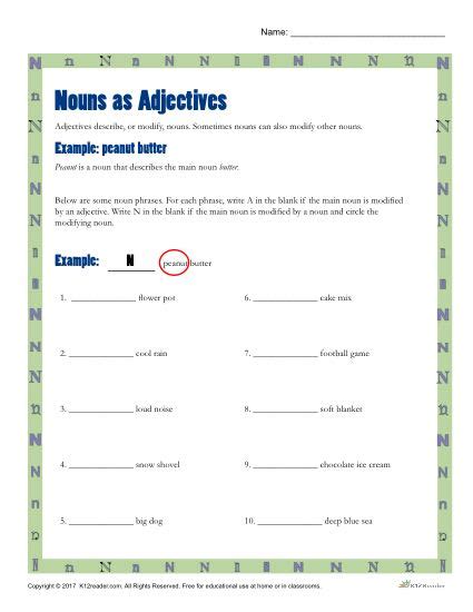 Nouns As Adjectives Printable Rd Th Grade Nouns Activity