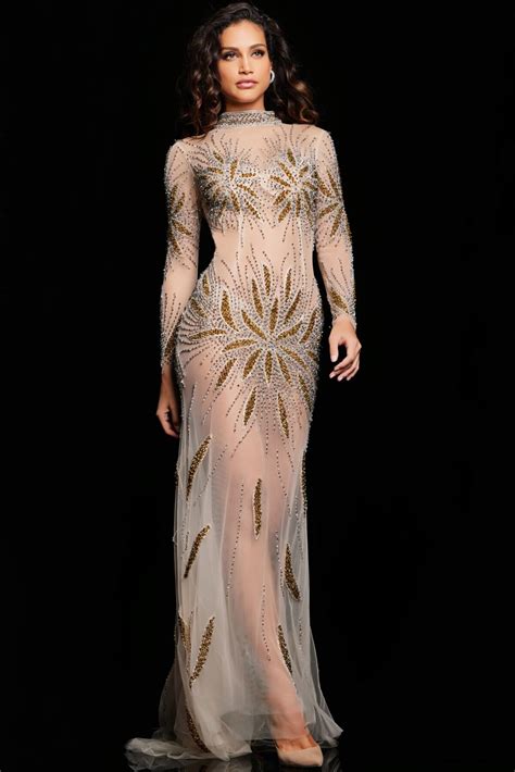 Nude Gold Long Sleeve Illusion Gown Jovani
