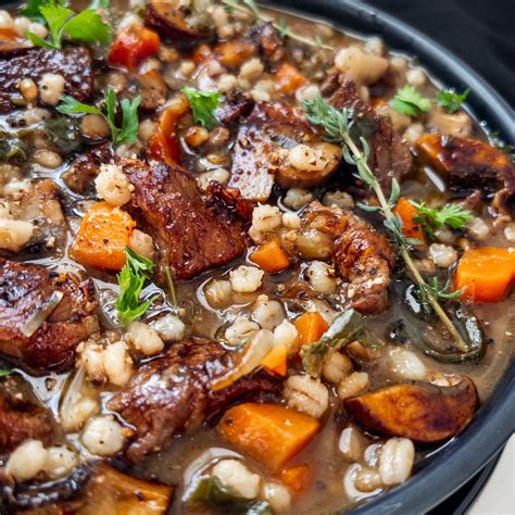 Beef Barley Mushroom Soup With Roasted Mushrooms And Wine