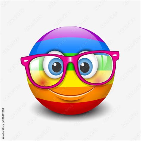 Cute smiling rainbow emoticon wearing pink eyeglasses, emoji, smiley ...