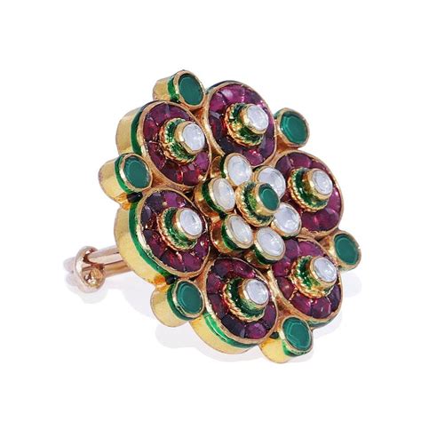 Accessher Women Gold Toned Green Floral Jadau Kundan Finger Ring Buy