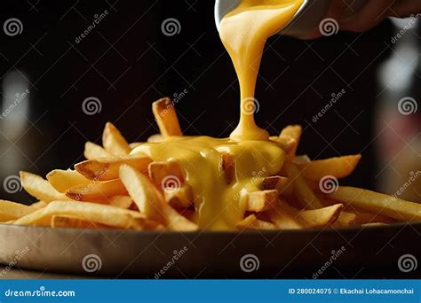 Pouring Velvety Cheddar Cheese Over Crispy French Fries For A