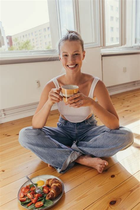 Smiling Blonde Woman In Jeans And Stock Image Image Of Ripe Positive 257606573