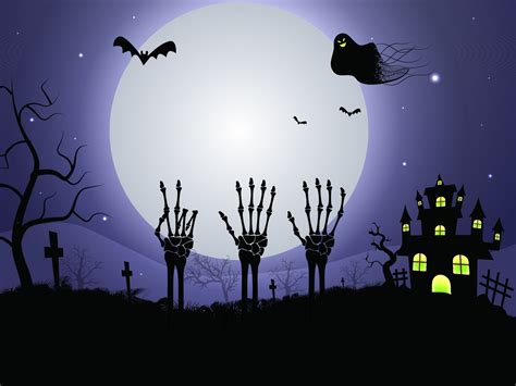 Full Moon Graveyard Background With Skeleton Hands Ghost Bats Flying