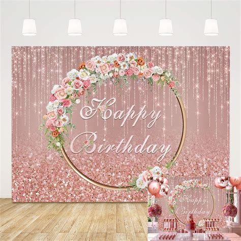 Buy Yq 5x3ft Rose Gold Glitter Happy Birthday Photo Background Pink Rose Flowes Wreath Girls