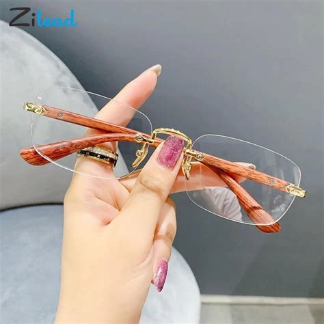 Zilead Rimless Finished Myopia Glasses Women Men Imitation Wood Grain Anti Blue Light