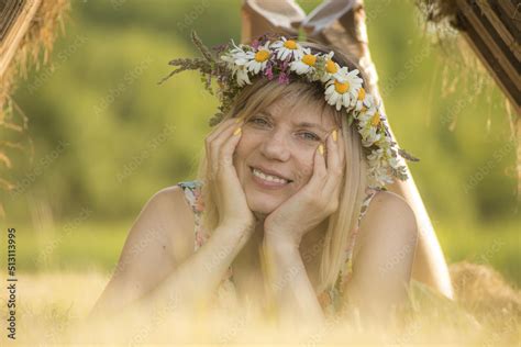 Flower Wreath On The Head A Woman With A Crown On Her Head