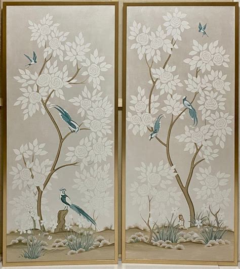 Set Of 2 Framed Chinoiserie Panels With Silver Background Etsy