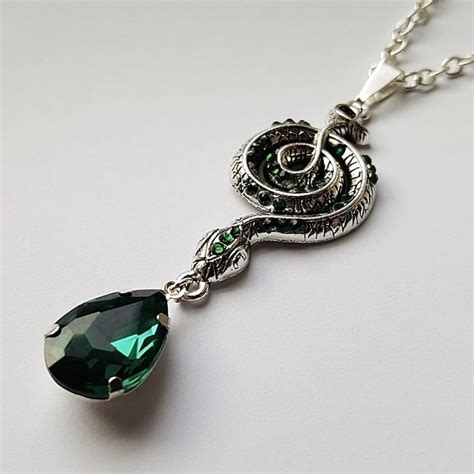 Silver Tone Emerald Slytherin Snake Drop Necklace Etsy